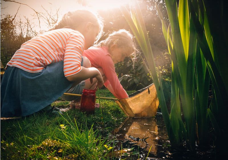 Kinder spielen am Teich