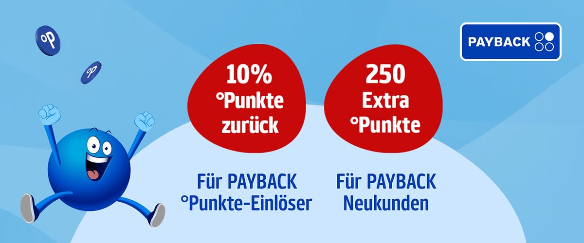 PAYBACK Logo mit Hinweisen: "10 % °Punkte zurück für PAYBACK °Punkte-Einlöser" und "250 Extra°Punkte für PAYBACK Neukunden"