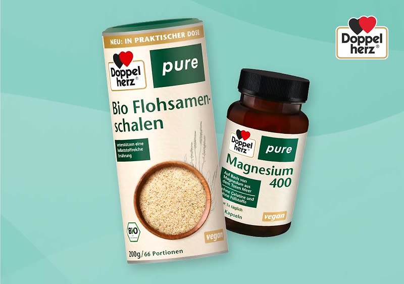 Die Produkte von Doppelherz pure enthalten Vitamine natürlichen Ursprungs bzw. Magnesium.
