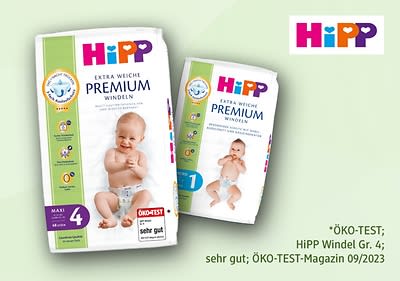 Zwei Verpackungen von HiPP Premium Windeln Größe 4 mit einem Babybild, Aufschrift „Extra weiche Premium Windeln“, ÖKO-TEST-Siegel „sehr gut“, HiPP Logo oben rechts