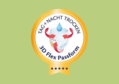 Ein rundes Emblem mit goldener Umrandung zeigt eine Windel mit blauen und roten Pfeilen, darüber steht „TAG + NACHT TROCKEN“, darunter „3D Flex Passform“ auf einem grünen Hintergrund