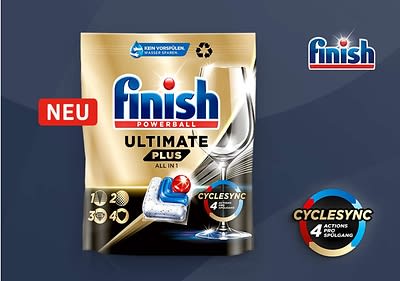 Quantum Ultimate von Finish ist der ultimative Spülmaschinentab: Er entfernt selbst harte Verkrustungen – ohne Vorspülen.