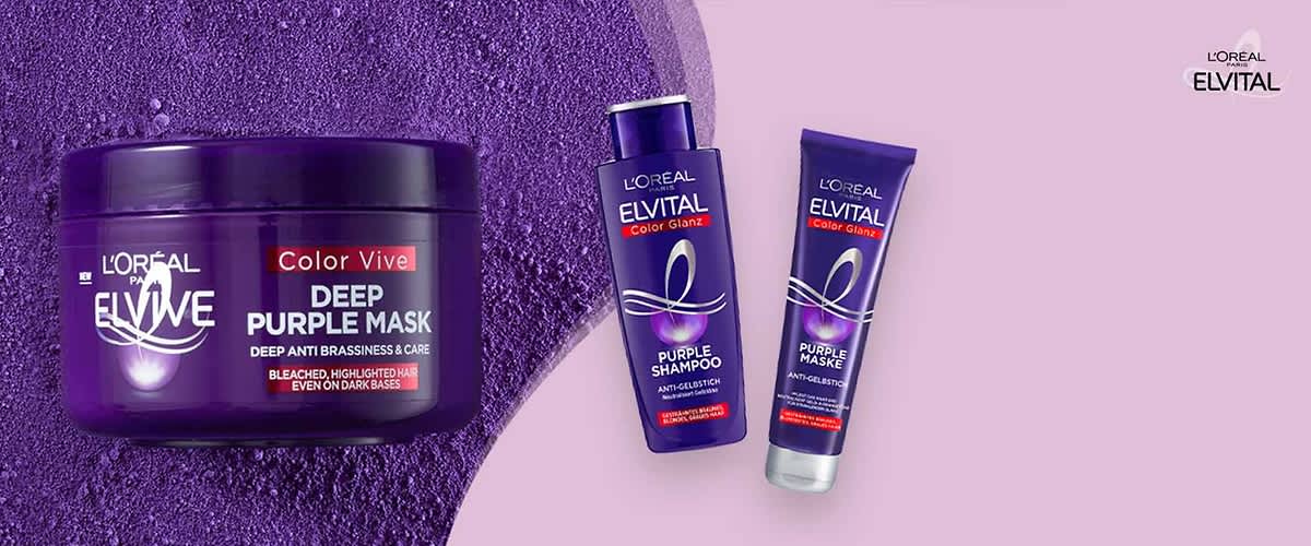 Die Haarpflege-Serie Color Glanz Purple von Elvital ist ideal für blondiertes, gebleachtes oder graues Haar.