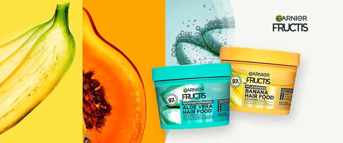 Die Shampoos, Spülungen und Masken von Fructis Hair Fructis Hair Food kräftigen dein Haar mit Fruchtwirkstoffen.