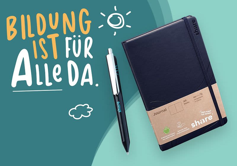 Kaufe ein share Schreibwarenprodukt und spende damit automatisch eine Schulstunde für Kinder in Uganda.