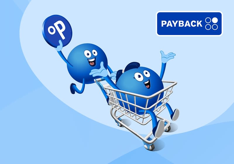 Zwei blaue Maskottchen im Einkaufswagen