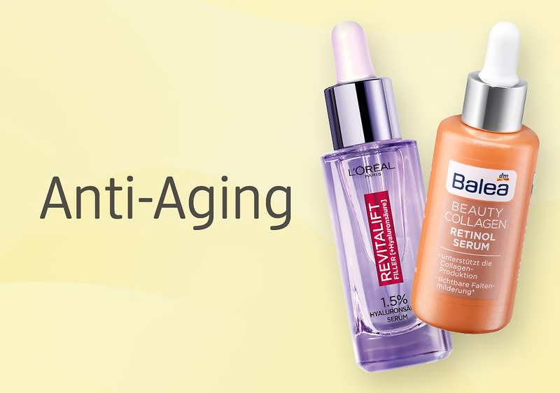 Zwei Anti-Aging-Seren auf gelbem Hintergrund