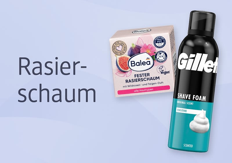 Eine schwarze Dose Gillette Rasierschaum mit türkisfarbenem Etikett und weißer Aufschrift neben einer Balea Verpackung für festen Rasierschaum mit Wildrosen- und Feigen-Duft, daneben der Text „Rasierschaum“