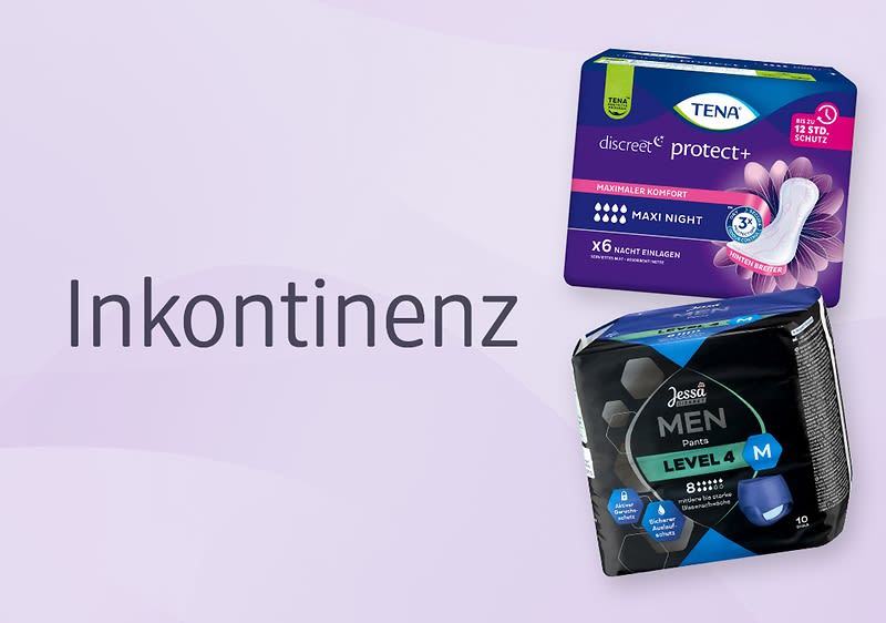 Zwei Produktverpackungen für Inkontinenzprodukte vor einem lila Hintergrund. Oben eine TENA discreet protect+ Maxi Night Packung mit Abbildung einer Binde. Unten eine Packung von Jessa Men Pants Level 4 in Größe M. Links der Schriftzug „Inkontinenz“