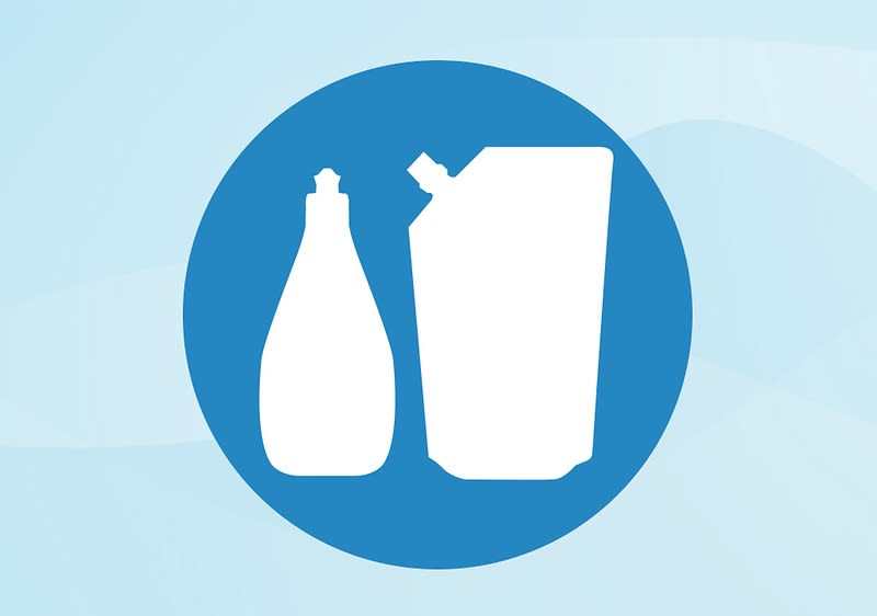 Zwei weiße Silhouetten einer Flasche und eines Nachfüllbeutels auf blauem Kreis-Hintergrund