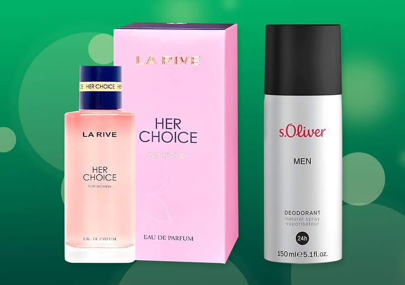 zwei Parfümprodukte vor grünem Hintergrund: links Flakon und rosa Verpackung von „La Rive Her Choice Eau de Parfum“ mit blauem Verschluss, rechts silberne Deo-Dose „s.Oliver Men“ mit schwarzem Deckel und Aufschrift „150 ml / 5.1 fl. oz.“
