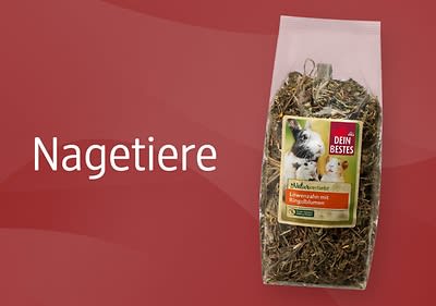 Eine transparente Verpackung mit getrockneten Kräutern und der Aufschrift Dein Bestes sowie Löwenzahn mit Ringelblumen und Blütenliebe zeigt Bilder von einem Kaninchen und einem Meerschweinchen, daneben steht in weißer Schrift auf rotem Hintergrund das Wort Nagetiere