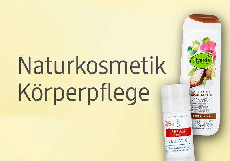 Gelbes Werbebild mit dem Schriftzug „Naturkosmetik Körperpflege“ links und zwei Pflegeprodukten rechts: oben eine weiße alverde-Körpermiclhflasche mit braunem Deckel und Bild von Kokosnuss und Blüten, unten ein weißer Speick Deo Stick mit rotem Logo und blauer Beschriftung