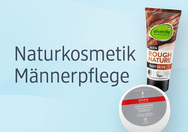 Hellblauer Hintergrund mit der schwarzen Überschrift „Naturkosmetik Männerpflege“ links, rechts oben eine braun-weiß-orange Tube „alverde NATURKOSMETIK MEN ROUGH NATURE BART SEIFE“ und rechts unten ein rundes Döschen mit rotem Streifen und der Beschriftung „SPEICK RASIERSEIFE“