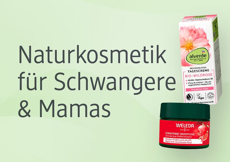 Hellgrüner Hintergrund mit dunkelgrüner Schrift „Naturkosmetik für Schwangere & Mamas“ links, oben rechts eine weiße und rosa Box der Marke alverde mit der Aufschrift „TAGESCREME BIO-WILDROSE“ und dem alverde-Logo, unten rechts ein rotes Weleda-Glas mit grünem Schraubdeckel und der Aufschrift „STRAFFENDE TAGESPFLEGE“ ohne Punkt am Satzende