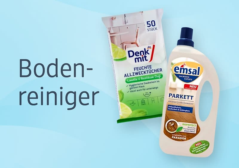 Links eine Packung Denkmit Feuchte Allzwecktücher mit Limetten- und Basilikumduft, rechts eine Flasche Emsal Parkett Bodenreiniger