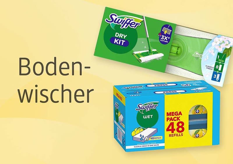 zwei Swiffer Bodenwischer-Verpackungen, oben grün beschriftet „Dry Kit“, unten blauer Karton mit gelbem Feld „Mega Pack 48 Refills“ und links der Text „Bodenwischer”