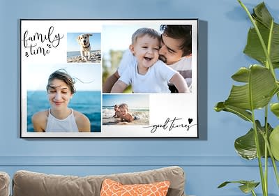 Collage aus Hund, Kind, Strand und Familie