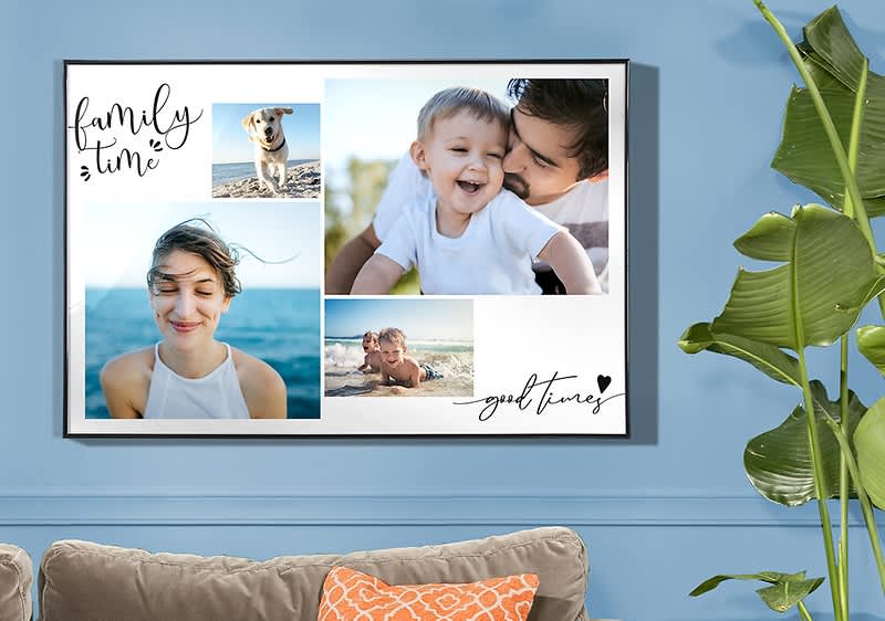 Collage aus Hund, Kind, Strand und Familie