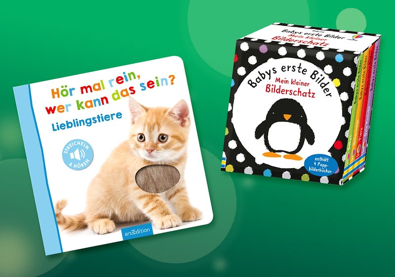Zwei Kinderbücher: links ein weißes Pappbilderbuch mit orangem Kätzchen auf dem Cover und dem Titel „Hör mal rein, wer kann das sein? Lieblingstiere“, rechts eine schwarze, bunt gepunktete Schachtel mit Pinguin und dem Titel „Babys erste Bilder – Mein kleiner Bilderschatz“