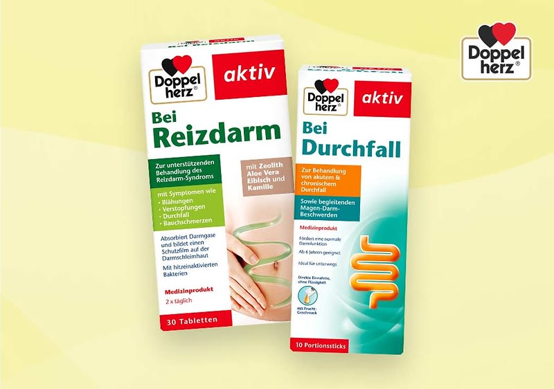 Bei Reizdarm und Sodbrennen nimm zur Unterstützung Doppelherz Produkte für Magen & Verdauung.
