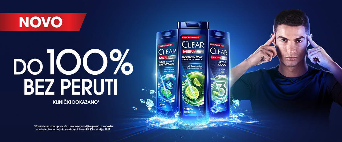 Slika koja prikazuje bočice šampona Clear i poruku do 100 % bez peruti