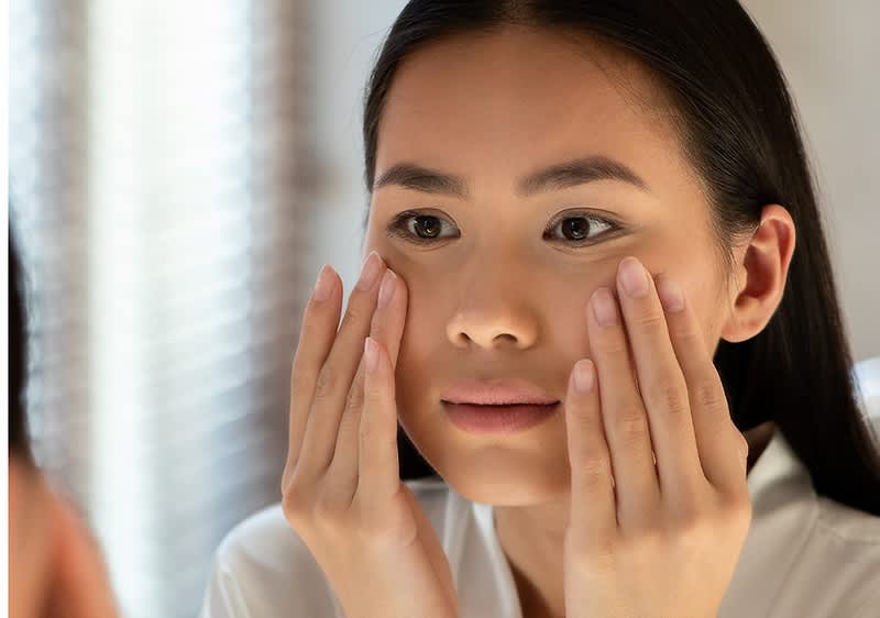 djevojka promatra svoje lice u ogledalu