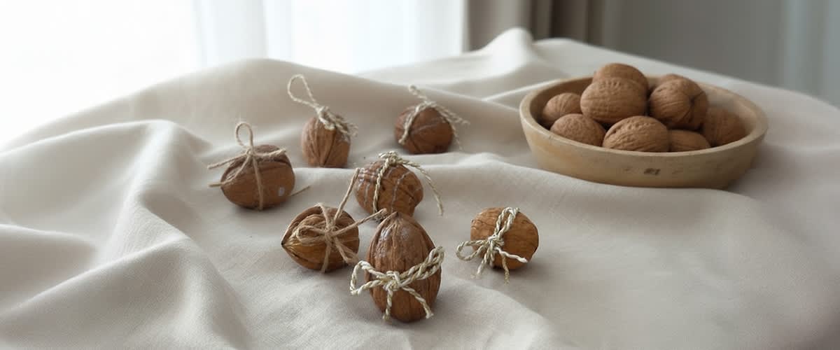 Nekoliko oraha leži na bež krpi, neki su omotani koncem, pored njih zdjela s još oraha.