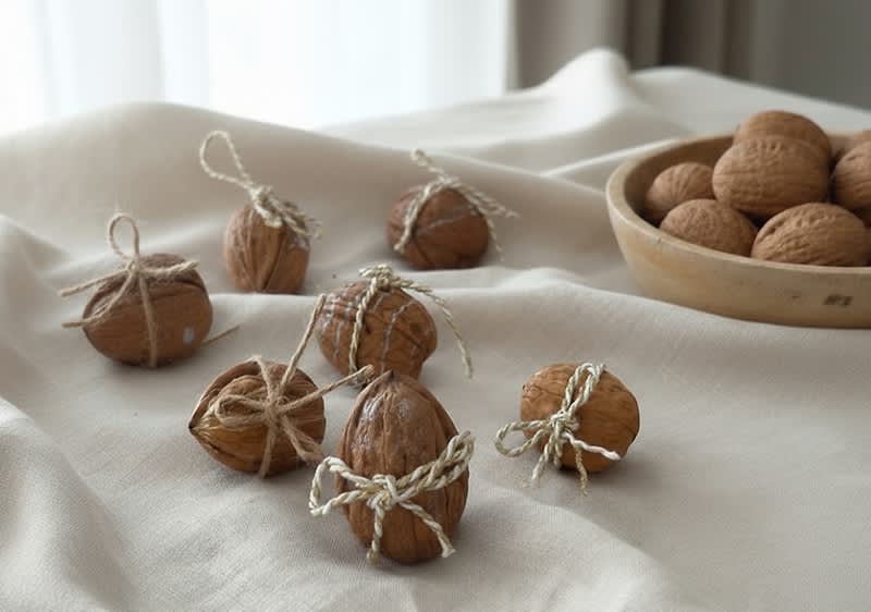 Nekoliko oraha leži na bež krpi, neki su omotani koncem, pored njih zdjela s još oraha.