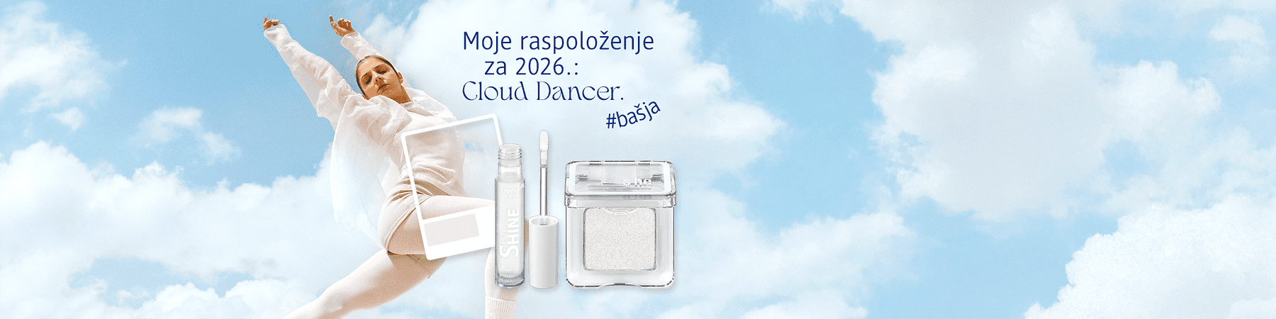Slika koja prikazuje bijele kozmetičke proizvode uz tekst 'Moje raspoloženje za 2026: Cloud Dancer'