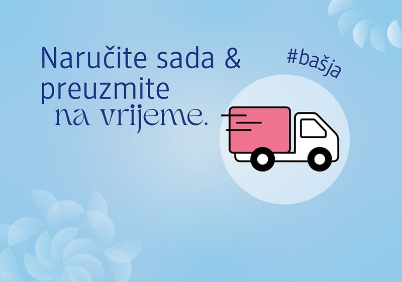 Slika s tekstom o dostavi i ilustracijom kamiona za dostavu