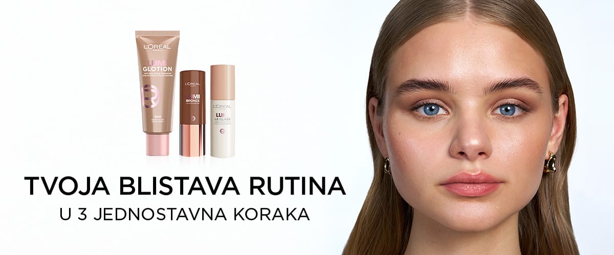 Slika koja prikazuje proizvode za njegu lica uz tekst Tvoja blistava rutina u 3 jednostavna koraka
