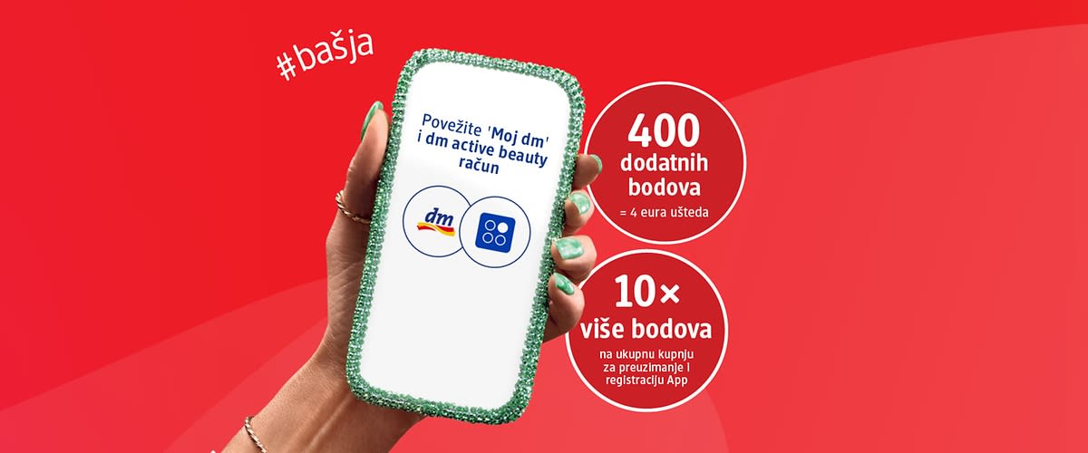 Slika koja prikazuje ruku koja drži mobitel s tekstom o povezivanju 'Moi dm' računa i ponudom bodova