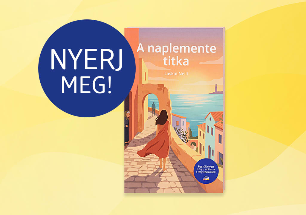 Könyvborító: nő sétál tengerparti város utcáján naplementekor, mellett felirat NYERJ MEG!
