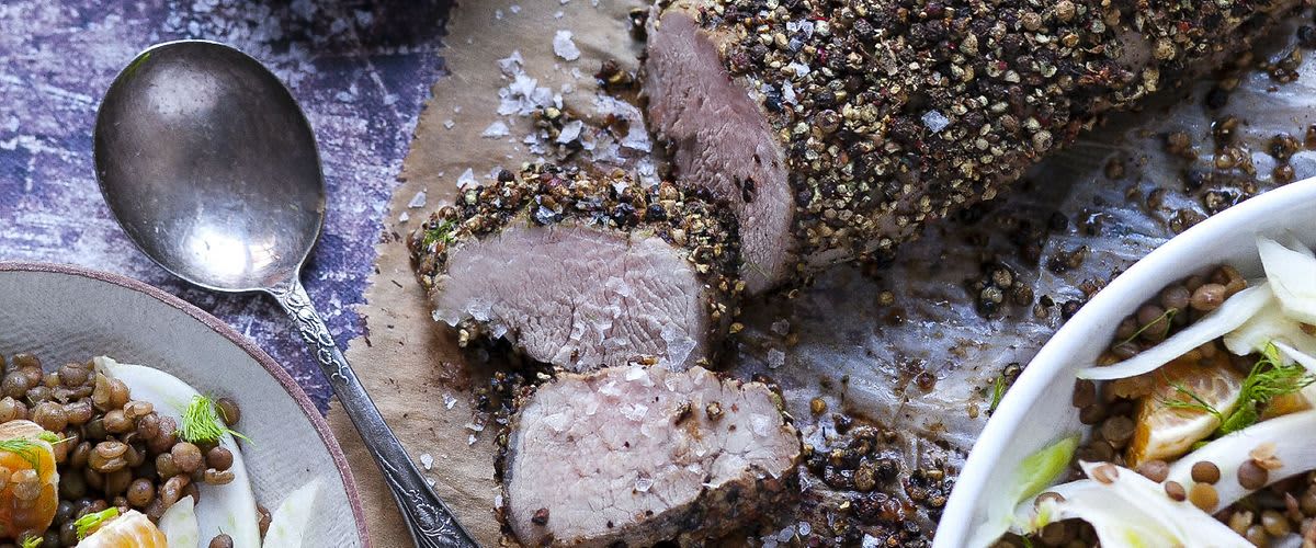 Mustáros, borskérges sertésszűz lencsesalátával