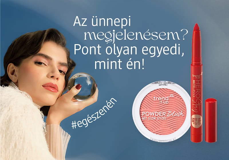 Sminktermékek: pirosító és ajakrúzs ünnepi megjelenéshez