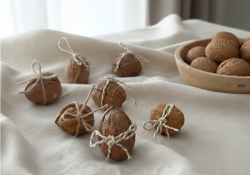 Diók kötéllel átkötve fehér terítőn és tálban