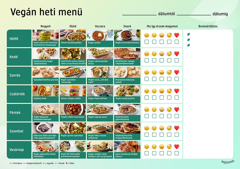 Vegán heti menü táblázat különböző ételekkel és hangulatjel opciókkal minden napra.