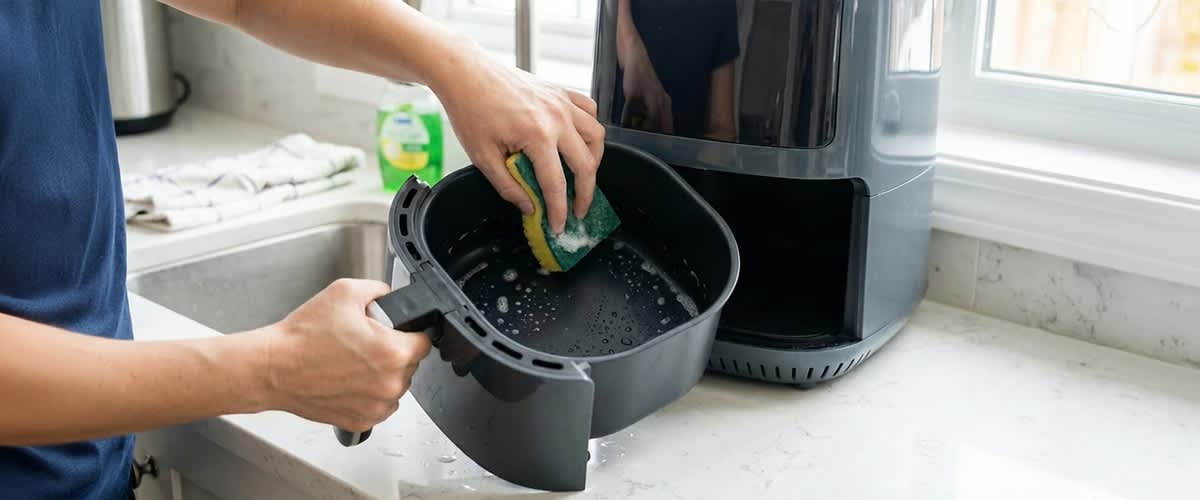 Egy személy szivaccsal és mosogatóvízzel tisztítja a forró levegős fritőz kivett kosarát.