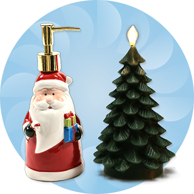 Decorazioni natalizie con Babbo Natale e albero di Natale su sfondo azzurro con elementi astratti bianchi