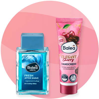 Prodotti Balea: dopobarba e crema mani alle ciliegie su sfondo rosa sfumato