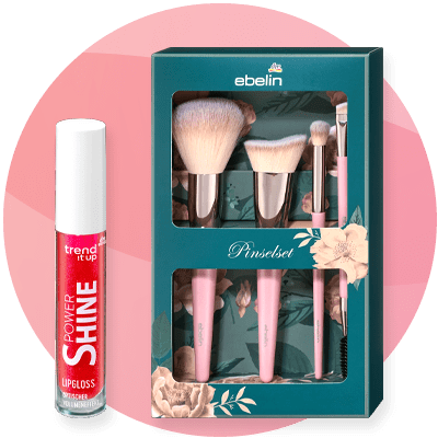 Set di pennelli ebelin e lucidalabbra rosso trend !t up su sfondo rosa sfumato