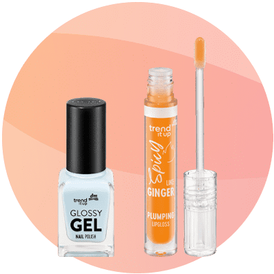 Smalto celeste e lip gloss arancione a marchio trend !t up su sfondo arancione