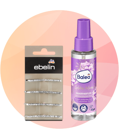 Forcine per capelli ebelin e profumo per capelli Balea su sfondo azzurro con elementi astratti bianchi