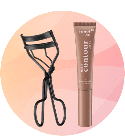 Piega ciglia nero ebelin e crema contour marrone trend it up su sfondo azzurro con elementi astratti bianchi