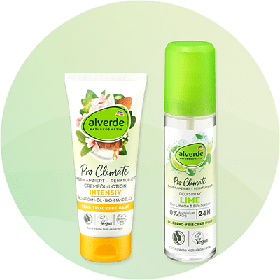 Prodotti Alverde Pro Climate: crema e spray lime su sfondo verde