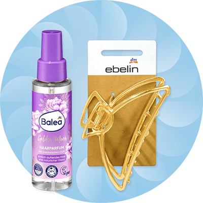 Profumo per capelli Balea e fermaglio dorato Ebelin su sfondo azzurro con elementi astratti bianchi