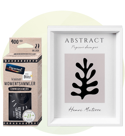 Fotocamera usa e getta e quadro astratto di Henri Matisse a marchio dm su sfondo neutro