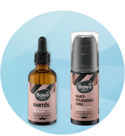 Prodotti per la cura della barba: olio per barba e gel 2 in 1 a marchio Balea MEN su sfondo azzurro sfumato