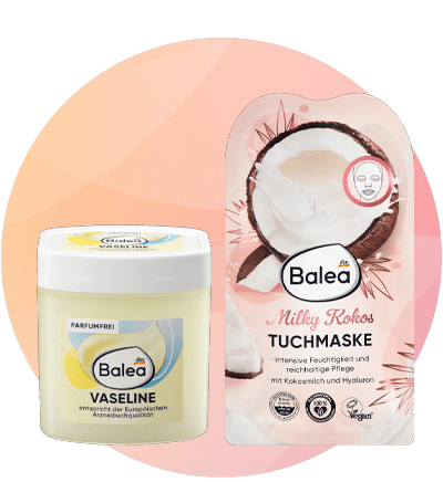 Prodotti Balea: vaselina e maschera viso al cocco su sfondo rosa sfumato